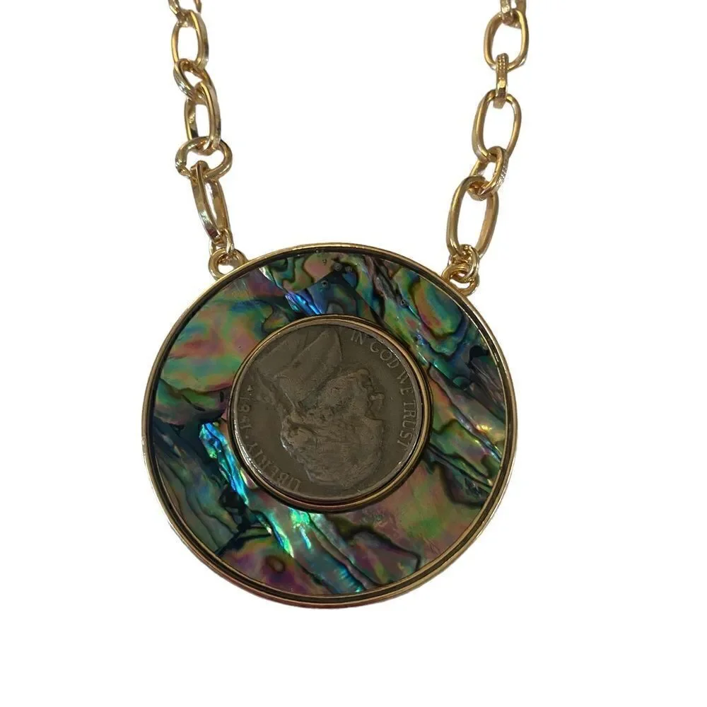 Open Circle Faux Abalone Gold Toned Pendant Necklace.